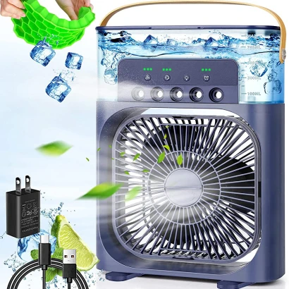 Portable Air Conditioner Fan, 500 ml Water Tank Cooler, 7 Colors LED Light, 3 Timer, 3 Speeds,