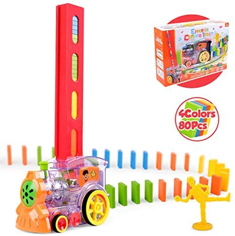 Domino Train Toy Set Rally Electric Train Model with 80 Pcs Colorful Domino Building Blocks Car Truck Vehicle Stacking