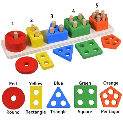 Wooden Blocks Geometric Shape Matching Five Sets of Column Learning Education Puzzle Game Toy for Kids (Multicolor)